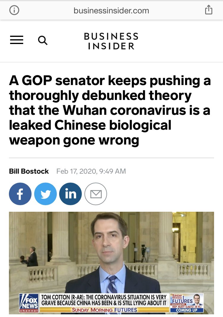 Now to  @SenTomCotton, who has been baselessly smeared throughout this process. Look how the rest of the media has covered his dogged pursuit of the truth and accountability here. WaPo debunks the story here  https://www.google.com/amp/s/www.washingtonpost.com/opinions/global-opinions/how-did-covid-19-begin-its-initial-origin-story-is-shaky/2020/04/02/1475d488-7521-11ea-87da-77a8136c1a6d_story.html%3foutputType=amp and the WIRED piece grudgingly nods to it.