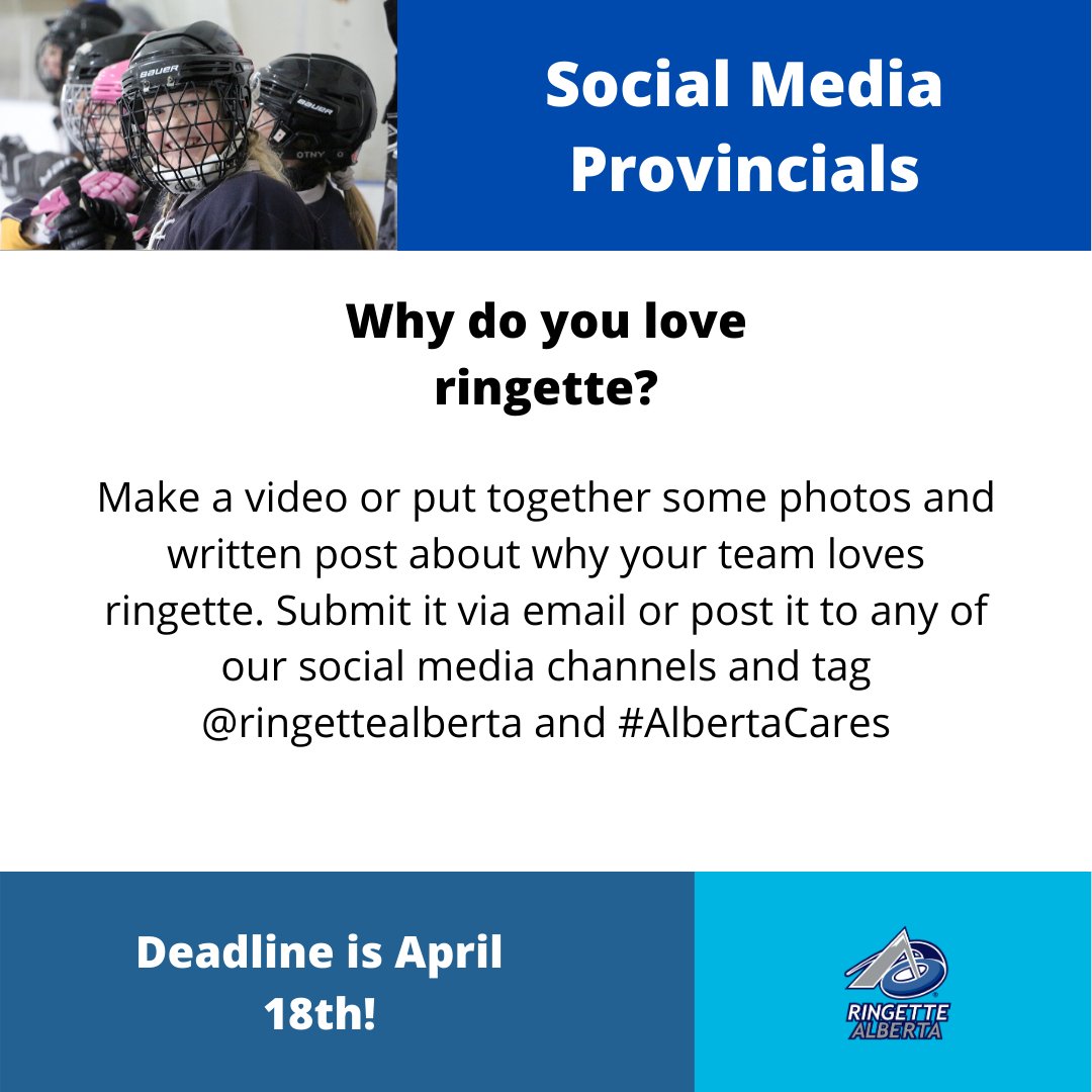 The final Social Media Provincials Challenge! Get your photos, get your typing fingers fired up, get your video editing skills dusted off and tell us why your team loves ringette!
#ringetteab #AlbertaCares
