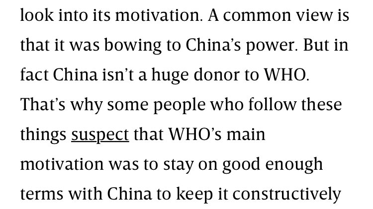 WIRED concludes that  @WHO isn’t beholden to China because China isn’t a major donor to  @WHO. Why, then, would they push Chinese talking points?A little incredulity, something conservative media has had on this case, would’ve served them well...