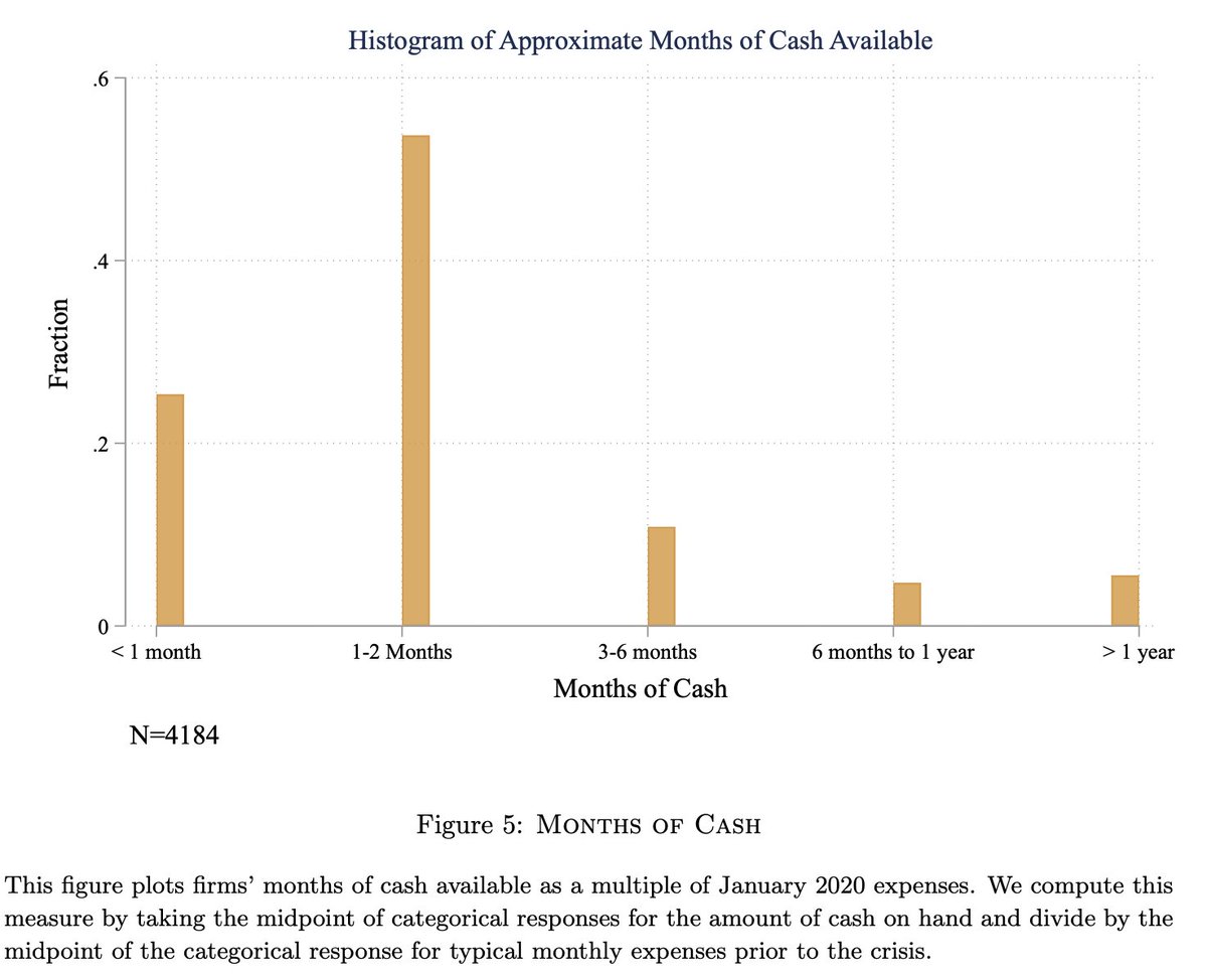 Most small businesses have less than two months of operating expenses in cash on hand, and other findings from a nationwide survey about the effects of coronavirus and the likelihood of using the PPP:  https://www.nber.org/papers/w26989.pdf