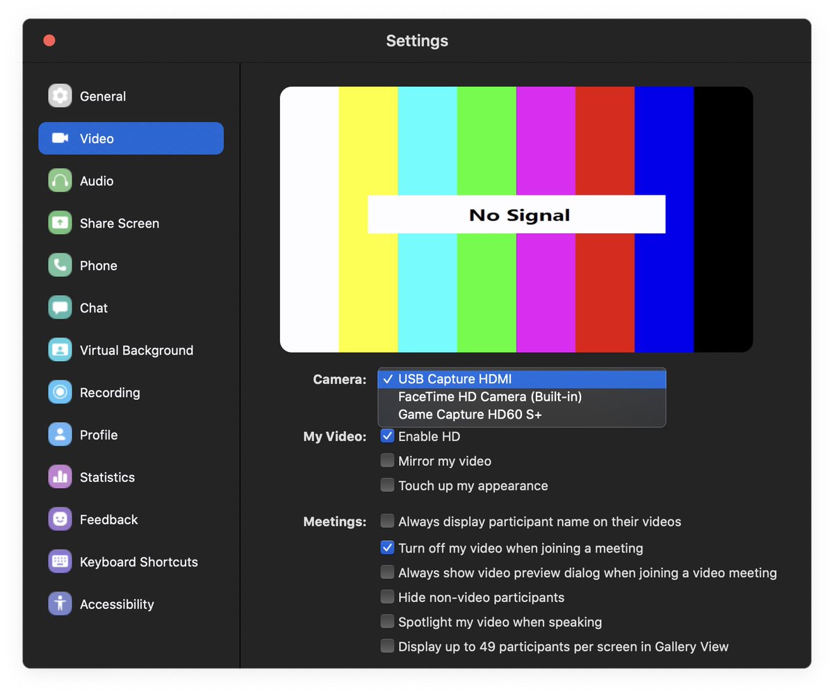 Two screenshots. One is Zoom version 4.6.8 where you can see a number of virtual cam options. The second is Zoom version 4.6.10 where they are all gone.