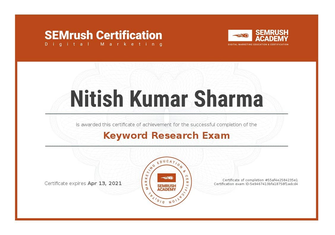 nitishseo's tweet photo. I successfully earned SEO Fundamental certification &amp; Keywords Research certification from SEMrush Academy.
.
@nitishseo
.
#semrushacademy #keywordresearch #seo #seofundalmental #semrush #digitalmarketing #digitalmarketingtrends #nitishkumarsharma #adagency360 https://t.co/qdxpn2yXsk