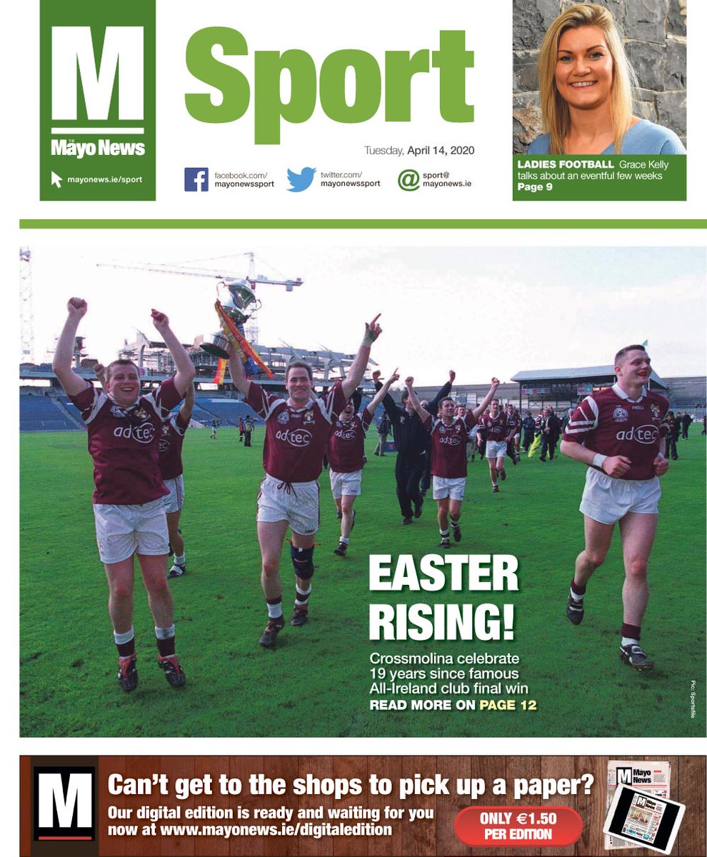 mayonewssport's tweet photo. Here's tomorrow's front page featuring @DeelRoversGAA — 19 years after their historic Easter Monday All-Ireland club final win! Inside: read Billy Joe Padden on why things have to change in the GAA and Conor O'Malley explains why he's leaving pro' soccer. #mayogaa #GAA #soccer https://t.co/WNlnlLFh0S