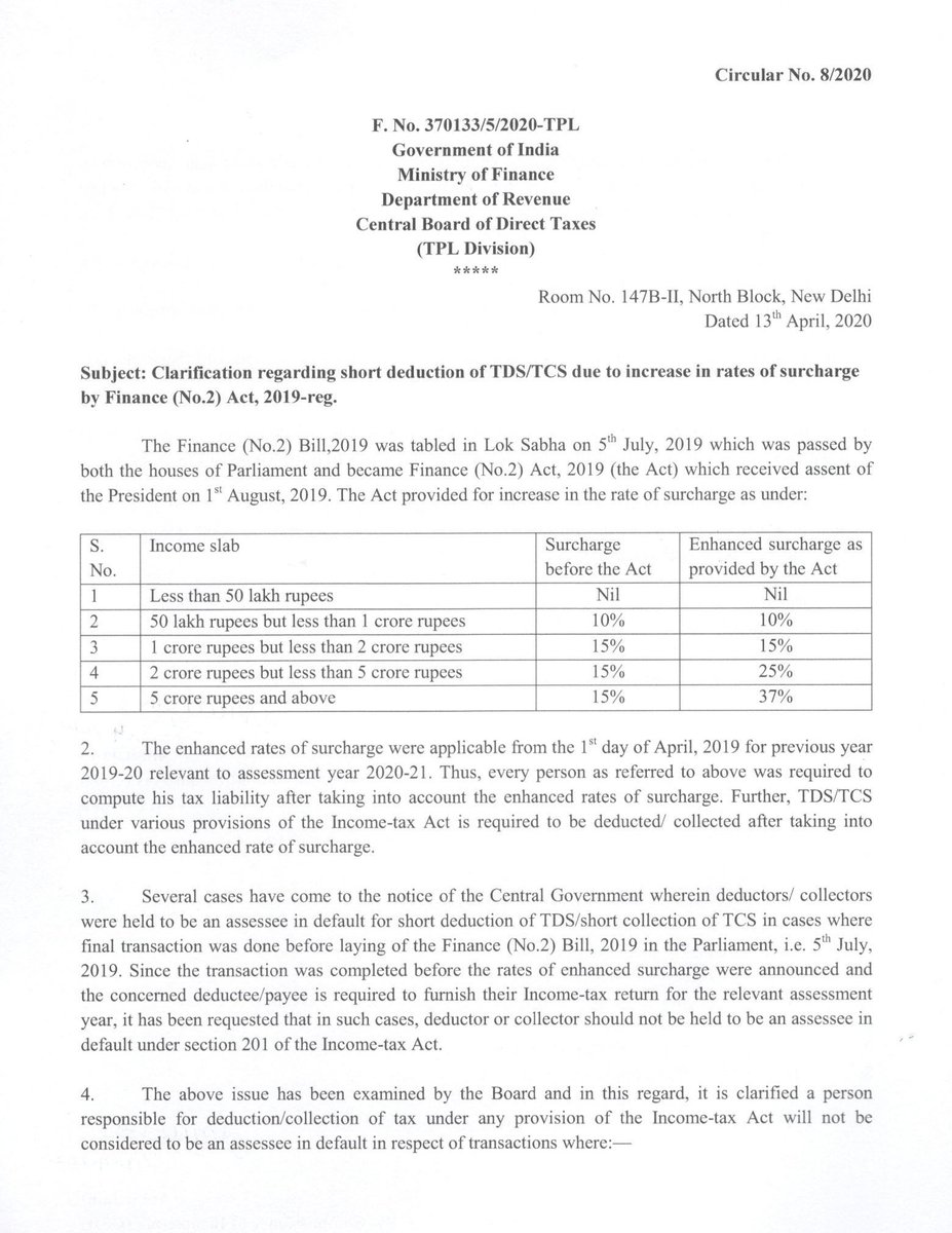 IncomeTaxIndia's tweet image. CBDT issues Circular No.8/2020 dt 13th April,2020 clarifying the issue regarding short deduction of TDS/TCS due to increase in rates of surcharge by Finance(No.2)Act,2019.Deductor/Collector of tax not to be considered assessee in default under certain conditions #StaySafe #WeCare