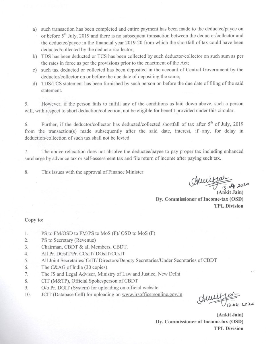 IncomeTaxIndia's tweet image. CBDT issues Circular No.8/2020 dt 13th April,2020 clarifying the issue regarding short deduction of TDS/TCS due to increase in rates of surcharge by Finance(No.2)Act,2019.Deductor/Collector of tax not to be considered assessee in default under certain conditions #StaySafe #WeCare