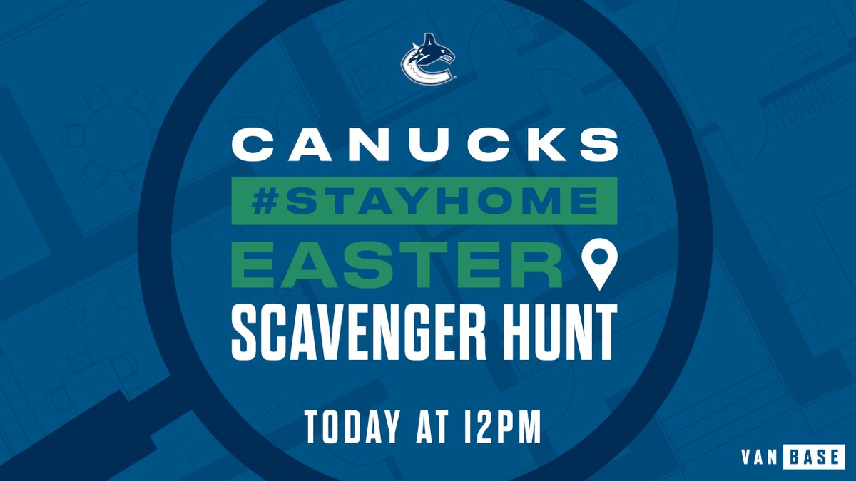 Canucks's tweet photo. Ready for more Easter fun? A #Canucks #stayhome Easter Scavenger Hunt takes places at 12 pm PT - get ready to show the world your fandom.
Retweet & Like this for a chance to win a $25 #Vanbase gift card. Random winner will be selected at the end of the Scavenger Hunt. Good luck! https://t.co/r4QgBsXFbV