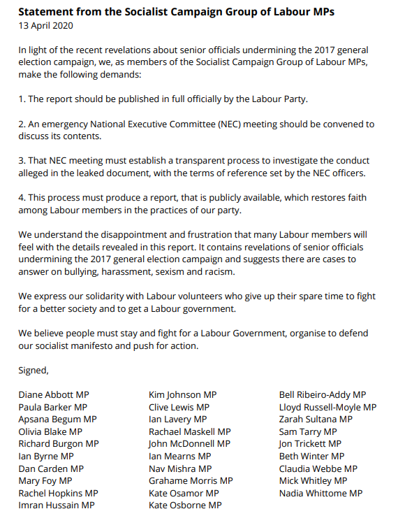 socialistcam's tweet image. Statement from the Socialist Campaign Group of Labour MPs in light of the recent revelations about senior officials undermining the 2017 general election campaign.