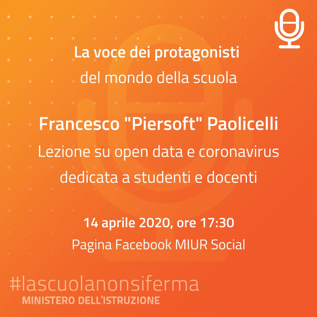 MIsocialTW's tweet image. Domani 14 aprile in diretta sulla nostra pagina Facebook si terrà una lezione dedicata a studenti e docenti su open data e coronavirus, condotta da @Piersoft. #LaScuolaNonSiFerma
Vi aspettiamo alle 17.30!