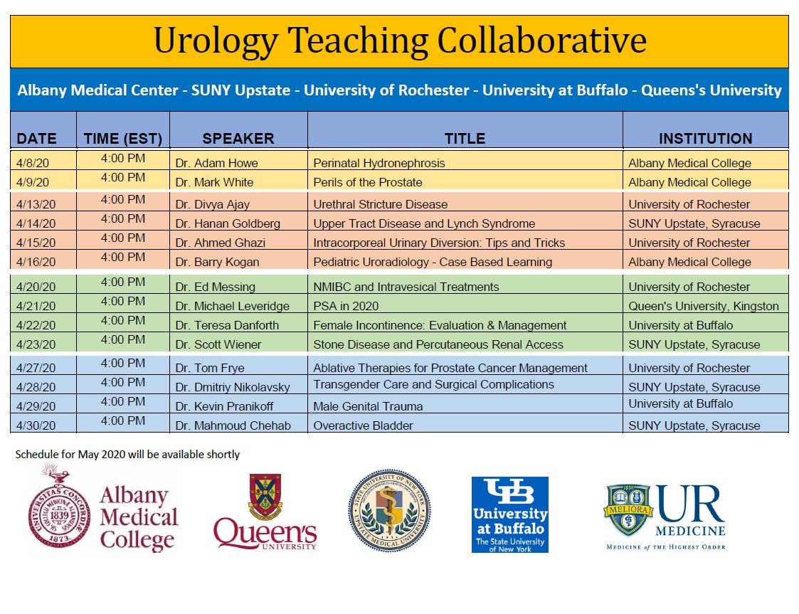 Join us. <a href="/AlbanyMed/">Albany Med Health System</a> has initiated online live lectures  with our partners: Syracuse <a href="/UpstateNews/">Upstate Medical University</a>, Rochester <a href="/UofR/">University of Rochester</a>, Buffalo <a href="/UBUrology/">UB Urology</a> &amp; Kingston <a href="/QueensUHealth/">Queen's Health Sciences</a>. @ 4 PM, via Webex

#CME eligible, send email: urocme@amc.edu

#UroSoMe #urology <a href="/DrJeanJoseph/">DrJoseph</a> <a href="/_TheUrologist_/">Mike Leveridge</a> <a href="/siemensr/">Rob Siemens</a>