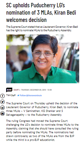 Governor has discretion on Nominated-MLA seats. Usually they go by the recommendation from respective cabinet, but they have power to reject, if they don't like the nominations.In Puducherry, LG  @thekiranbedi ignored cabinet's nominations and cleared her own nominations!  https://twitter.com/aakuraj/status/1249711095553470464