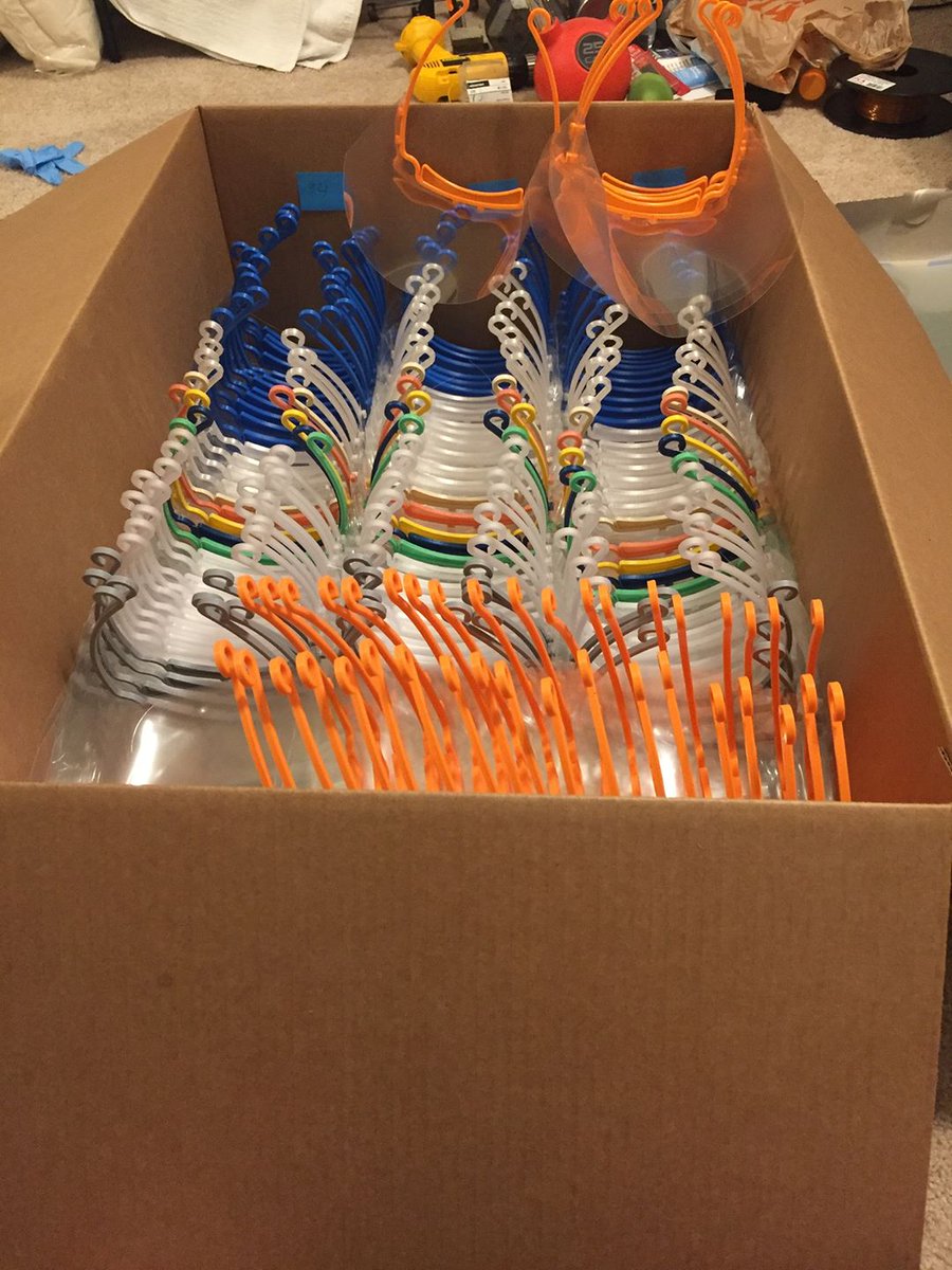 HHToCovid19's tweet photo. Finished face shields ready to deliver to our local hospitals. Let's protect our front line heroes. #HoustonFightingCovid #Houston #COVID19 #FrontLineHeroes https://t.co/5A2hjDx4hu