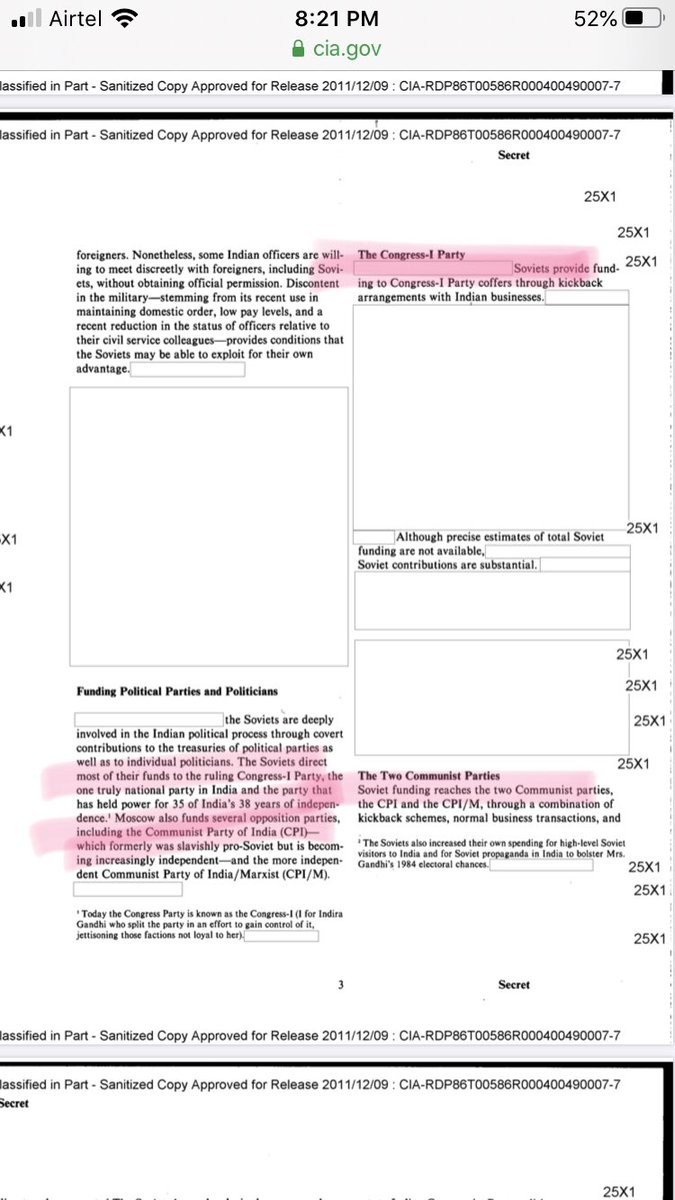 "As many as 40% of the Congress-I MPs in Mrs. Gandhi's government had recieved Soviet political contributions""Many Congress-I politicians are also businessmen that trade with the USSR" "Soviet officials large reserve of rupees for clandestine cash payments to CPI and CPI/M