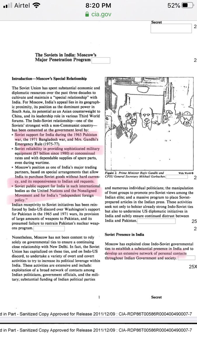 "As many as 40% of the Congress-I MPs in Mrs. Gandhi's government had recieved Soviet political contributions""Many Congress-I politicians are also businessmen that trade with the USSR" "Soviet officials large reserve of rupees for clandestine cash payments to CPI and CPI/M