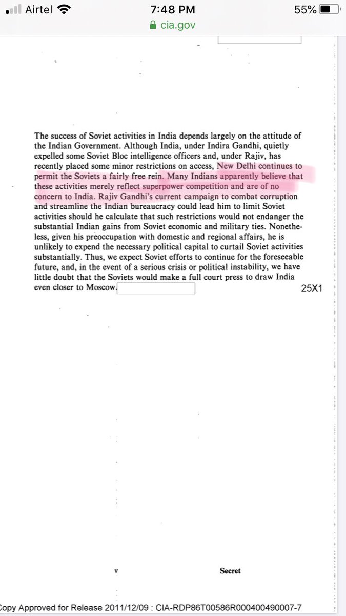 "As many as 40% of the Congress-I MPs in Mrs. Gandhi's government had recieved Soviet political contributions""Many Congress-I politicians are also businessmen that trade with the USSR" "Soviet officials large reserve of rupees for clandestine cash payments to CPI and CPI/M