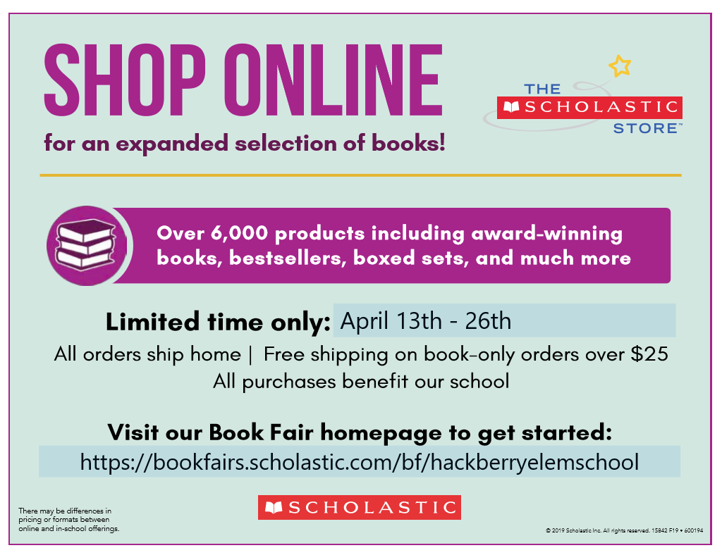 Hackberry is having a Virtual Book Fair! Go to scholastic.com/fair and search for Hackberry to see our Home Page. Thank you and Happy Stay at Home Reading! @HBELoboPack @lobolibraries