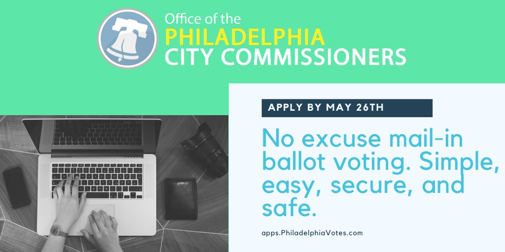 Apply for your mail-in ballot today! Vote from home! No excuse needed. Deadline to apply is 5/26, and you can get started on apps.PhiladelphiaVotes.com.