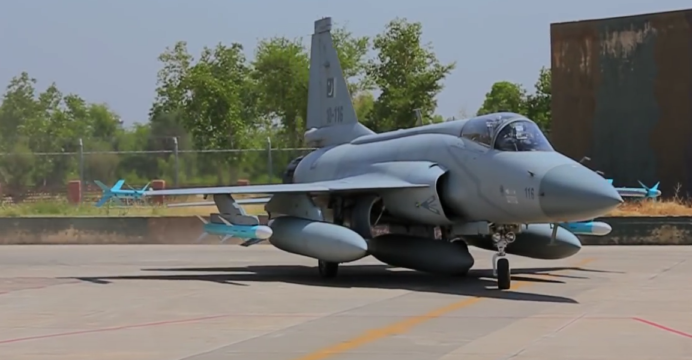 For air to air missile the JF-17 / FC-1 is equipped with PL-5E, PL-9C short range air-to-air missiles and PL-10E radar homing air to air missiles on its wingtip hardpoints.