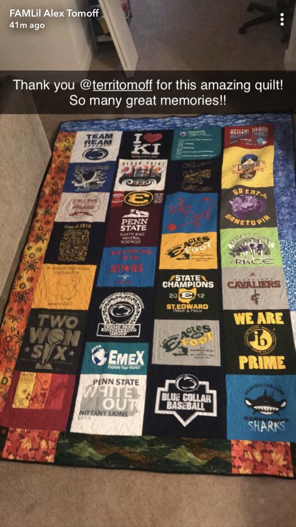 BTomoffCPA's tweet photo. Thank you, @AlexTomoff for sharing your #NeedleOnFull #TShirtQuilt ❤️.
A “treasured keepsake,” as @ttomoff says, to enjoy and reflect on fond memories!
#Quilt #Quilting
@DTomoffCPA @BethTomoff https://t.co/rdIrRWt49V