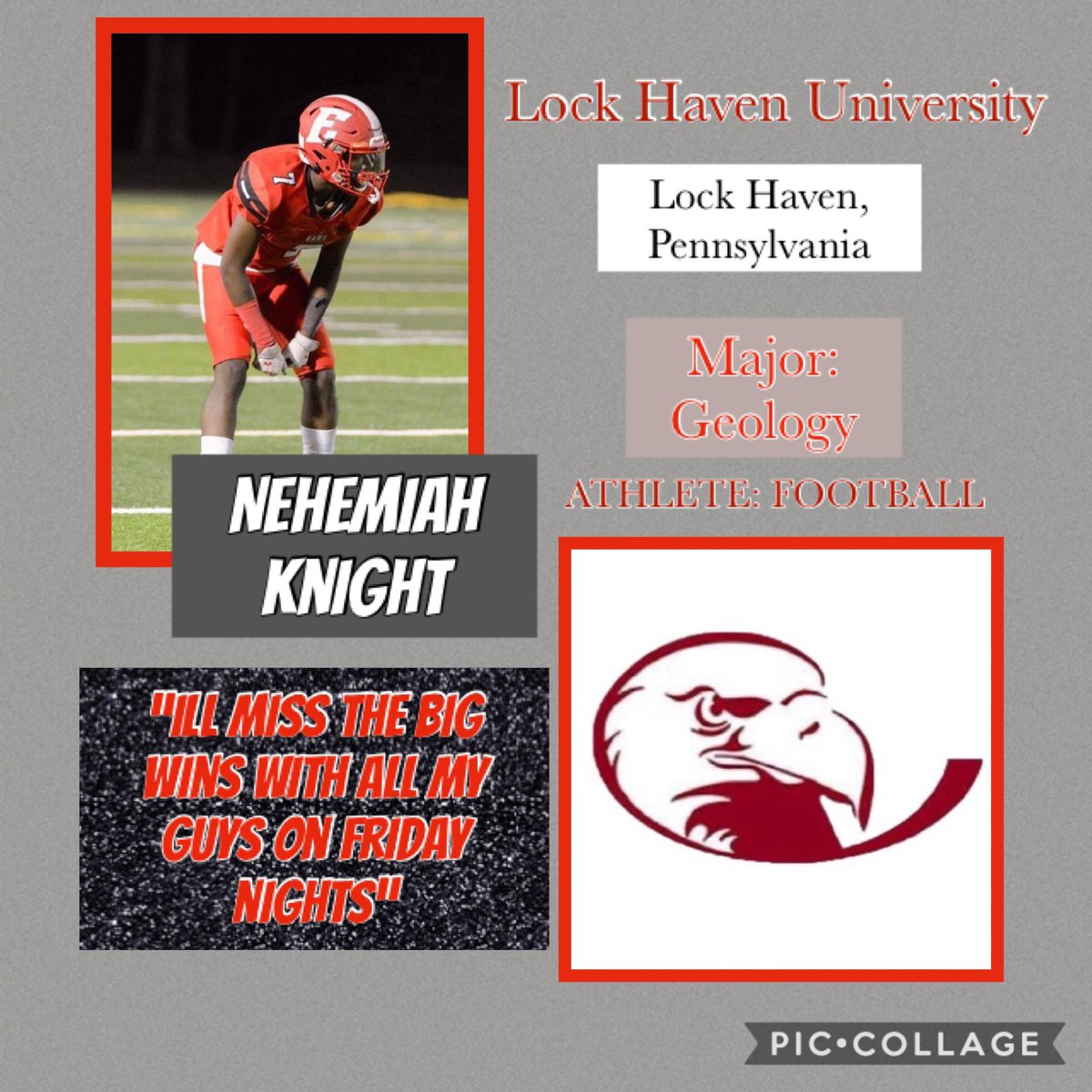 Nehemiah Knight will be continuing his football career at Lock Haven University next year while studying Geology! Congrats Nehemiah! #ramstrong
