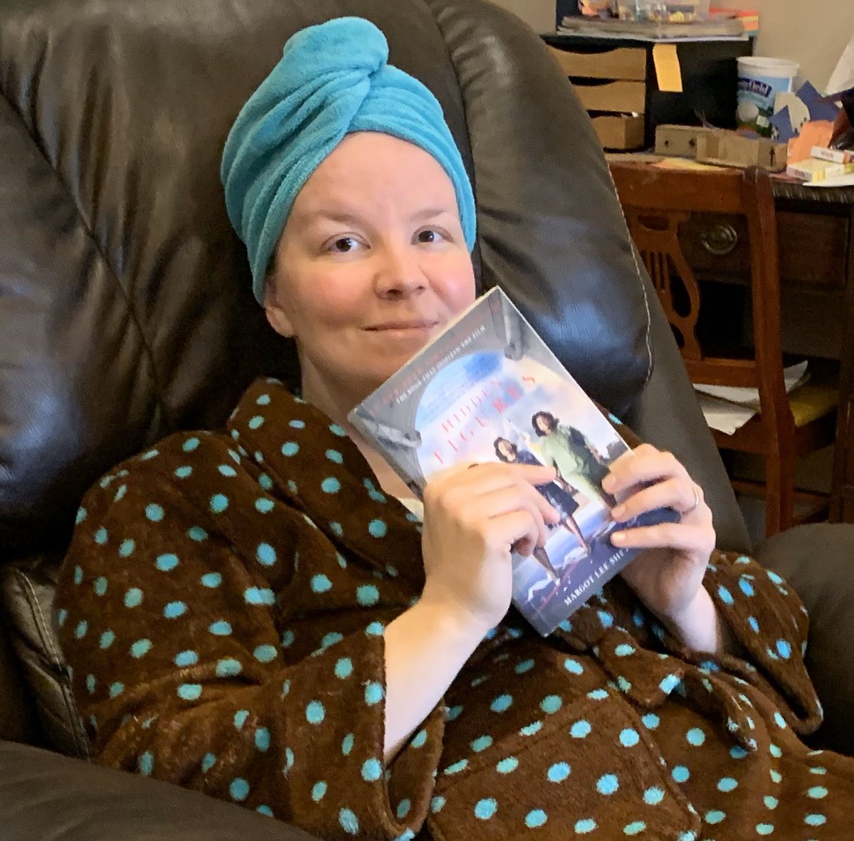 PhysicsMurphy's tweet photo. I misunderstood the assignment... “working” in PJs, “reading” in PJs, I guess I was having too much fun. HIDDEN FIGURES is a good book and movie about the space program! Btw today is the 50th anniversary of #Apollo13 #ghsworks https://t.co/J5g6zsWhMA