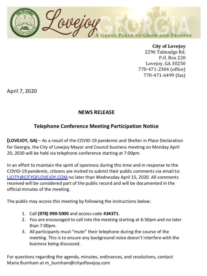 Lovejoy_GA's tweet photo. Due to the COVID-19 pandemic, the April 20th City of Lovejoy Council Meeting will be held as a telephone conference meeting. (Check press release for instructions) #ilovelovejoy  #lovejoyga #claytonstrong https://t.co/iIE0e8lRbg