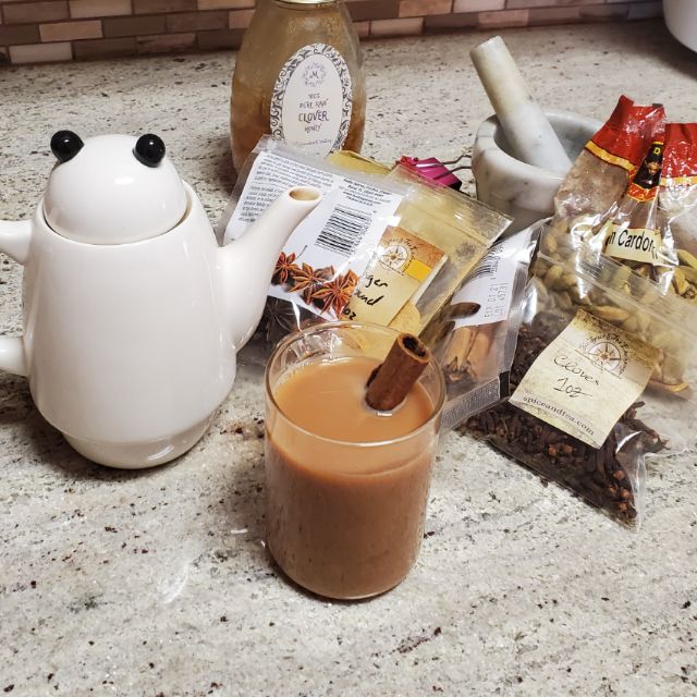 Daily tea time.My chai.This is a special masala chai recipe to me. Years ago I spent months working on this, adjusting to get a blend of flavors that balanced just right. It's a lot of ingredients (more than what's shown here) but it's my favorite thing to serve.