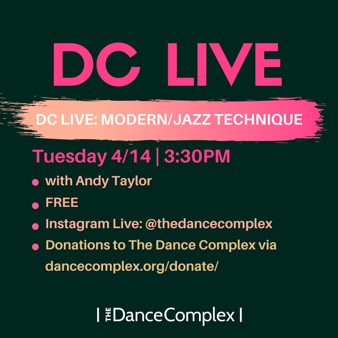 DanceComplex's tweet photo. Keep in touch with your technique while you’re at home with Andy Taylor tomorrow at 3:30PM on our Facebook Live and Instagram Live. #DanceHappensHere #TheDanceComplex #KeepBuildingDance #CentralSQ #CSQLive https://t.co/Sgz6rxdHRj