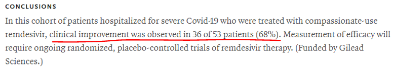 (9/) to reach the conclusion “… patients hospitalized for severe Covid-19…, clinical improvement was observed in 36 of 53 patients (68%)”, we need a chain of EVIDENCE. This involves definition of terms &supporting data