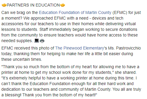 MCSDFlorida's tweet photo. It takes a village, and we are #ALLINMartin👊.  Thank you to the @EdFoundationMC for going above and beyond in support of our teachers! 💻🖨️🍎 https://t.co/QF1fQvB4Vb