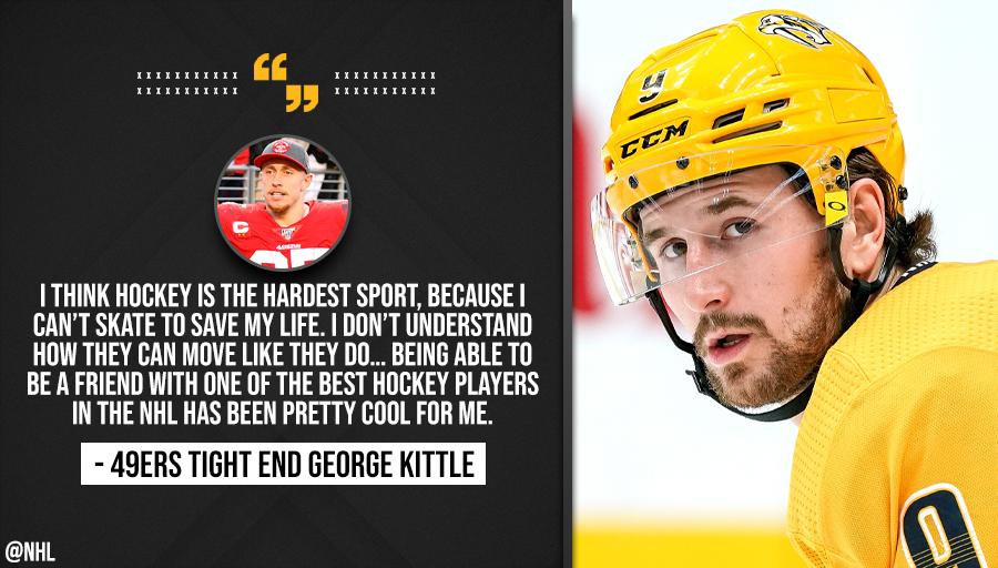 Filip Forsberg and <a href="/49ers/">San Francisco 49ers</a> tight end George Kittle (<a href="/gkittle46/">George Kittle</a>) quickly became boys after spending summers together in Nashville. 🤝 <a href="/PredsNHL/">Nashville Predators</a> 

(Via <a href="/AdamVingan/">Adam Vingan</a>, The Athletic)