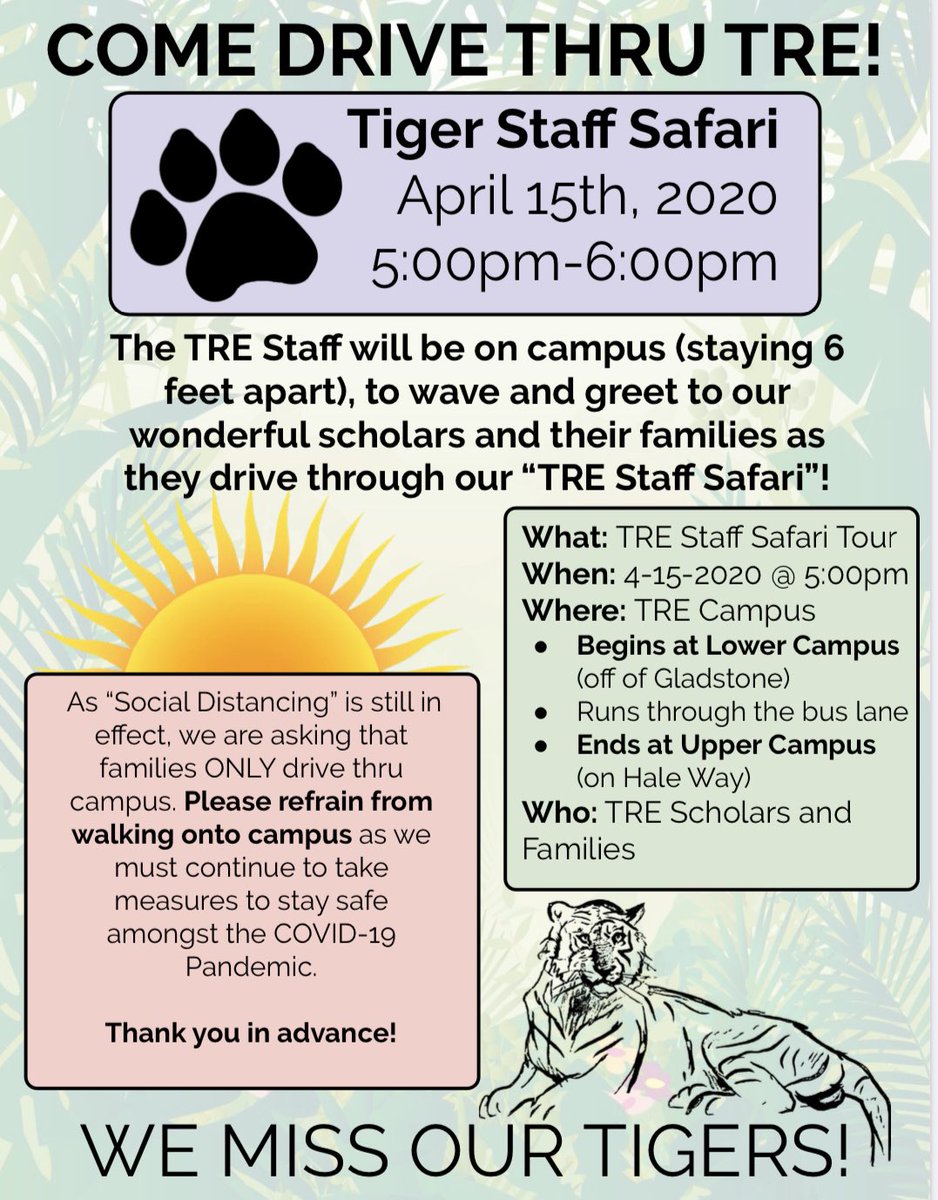 TableRockTigers's tweet photo. Come Drive Thru the TRE Safari! 🐾 Wave and say hi to the TRE staff from your cars!  
Wednesday 4/15 at 5:00pm
We are a Tiger Community!
#TableRockinEPSD9 #EPSD9 #TRECulturize https://t.co/iR6iRDtwEw