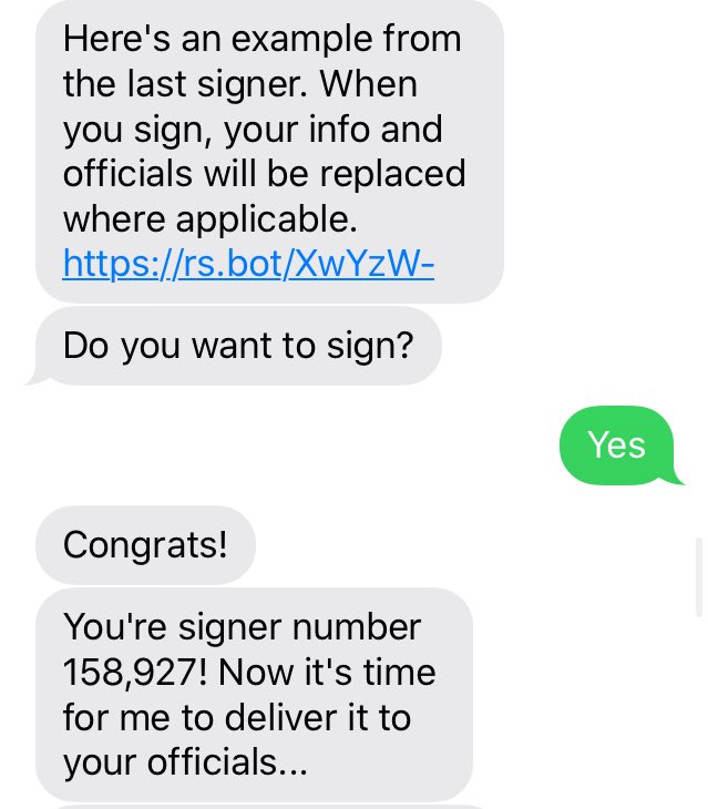 5) Text “USPS” to 50409. This is a super handy computer program that will take your name and zip code, generate a full, professional letter, and send it to your appropriate congressional representatives with about 3 one-word inputs on your part. It took me 30 seconds.