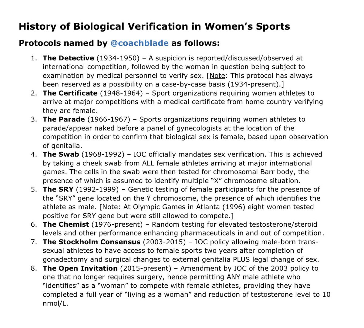 The chart of  #Biological Verification methods identifies a brief period of time (Item 5; 1992-1999) in which testing for SRY gene on Y-chromosome was attempted. It was SUCCESSFUL!!The question is WHY was this approach discontinued?The ANSWER seems to be twofold: