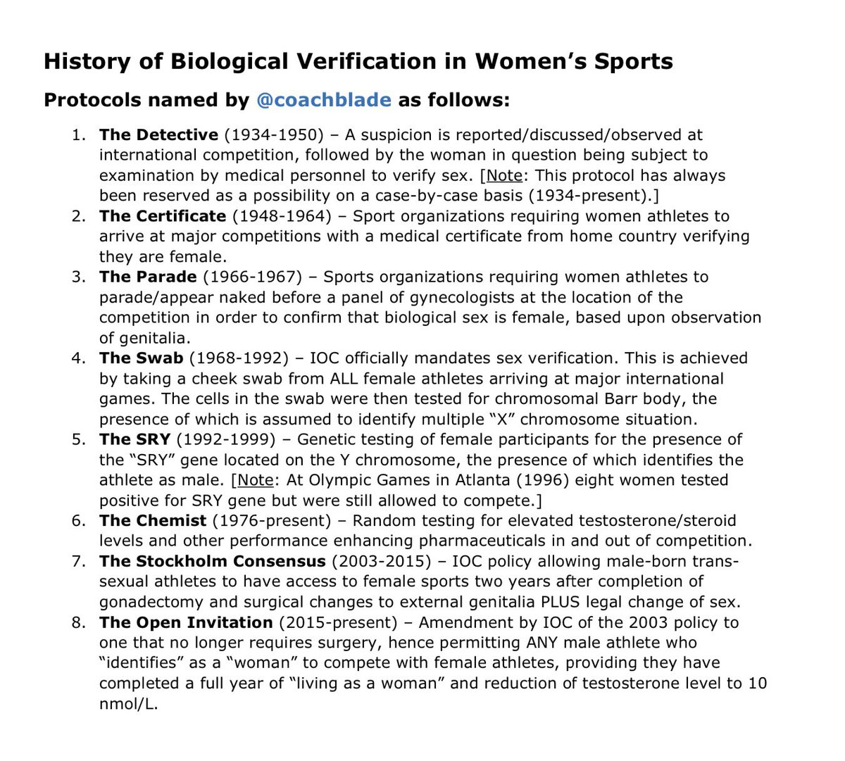 Before I address why approach #5 SHOULD BE revisited, a quick vent:While it’s one thing to object to inadequacy of any particular gatekeeping measure, it is BEYOND THE PALE that 16yrs later the  #IOC would U-turn and INVITE “masquerading males” to join  #female  #sports category!