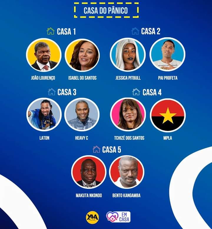 xe_agora's tweet photo. CASA DO PÂNICO! Escolha a casa onde você ficaria durante a quarentena!😀

CASA 1: JLo, Isabel dos Santos 
CASA 2: Jéssica Pitbull, Pai Profeta 
CASA 3: Laton, Heavy C
CASA 4: Tchizé, MPLA 
CASA 5: Makuta Nkondo, Bento Kangamba https://t.co/KmvaPkVBpR