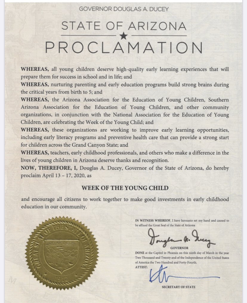 Thank you @dougducey for making Week fo the Young Child 2020 official in Arizona #WOYC20 #Arizona #aztogether #earlychildhoodeducation