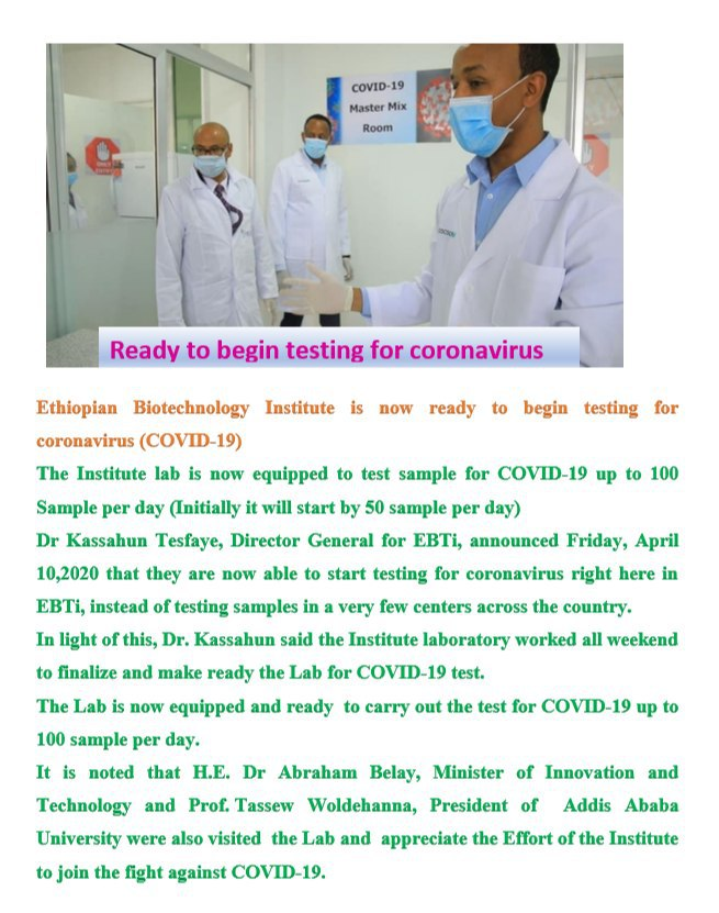 Ethio_Biotech's tweet photo. Ethiopian Biotechnology Institute is now ready to begin test for coronavirus (COVID-19). 
The Institute lab is now equipped to test samples for COVID-19 up to 100 Sample per day (Initially it will start by 50 sample per day) Dr Kassahun Tesfaye, Director General for EBTi, https://t.co/knWFF7xo2d