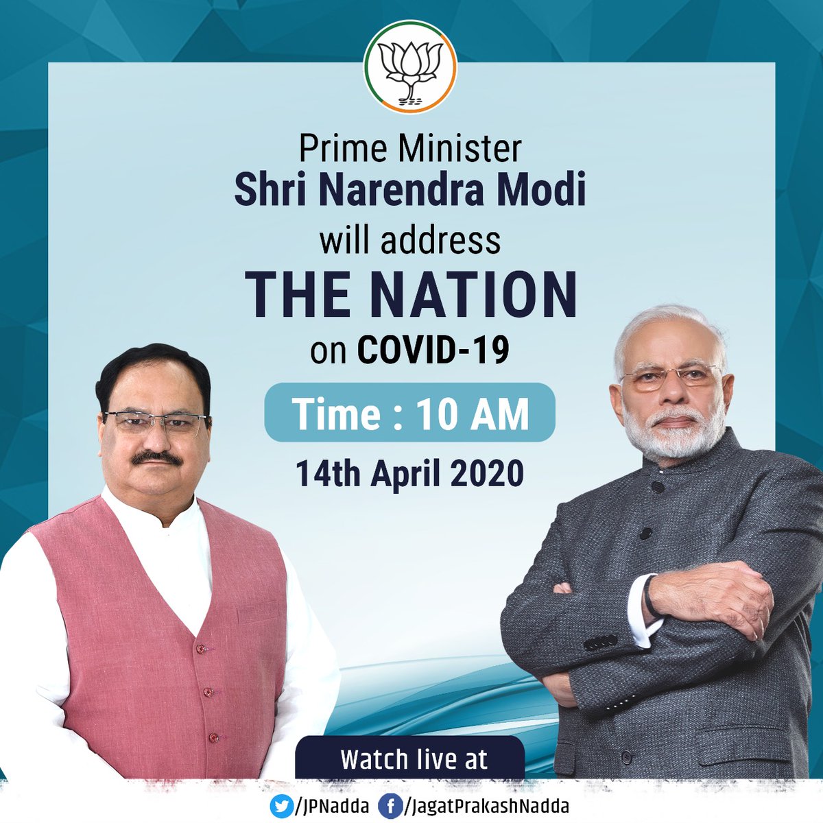 JPNadda's tweet photo. Important Message:

Hon'ble Prime Minister Shri @narendramodi Ji will address the nation tomorrow at 10 AM.

Please do listen. https://t.co/OLiF8iG61R
