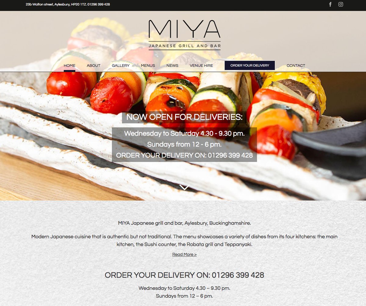 MIYA Japanese grill – Aylesbury

ORDER YOUR DELIVERY ON: 01296 399 428
Wednesday to Saturday 4.30 – 9.30 pm.
Sundays from 12 – 6 pm.
miyarestaurant.co.uk
