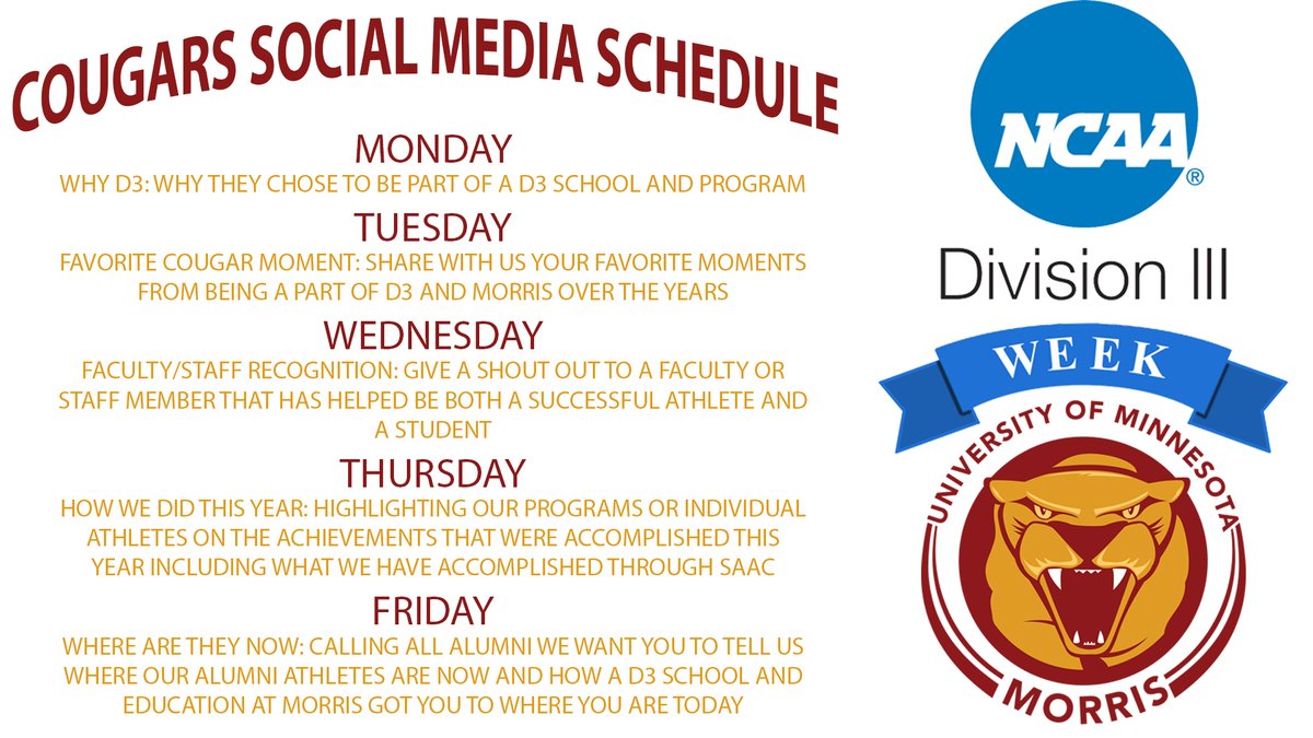UMMCougars's tweet photo. Welcome to #D3Week! Here is the Cougars schedule for the week, so lets hear those stories and photos.
Tag @morris_saac #RollCougs

@UMMFootball @UMMCougarTFXC @UMMCougarBB @UMMCougarSB @UMMSwimDive @UMMorrisMBB @UMMVolleyball @umm_golf @MNMorrisWSoccer @MNMorrisMSoccer https://t.co/yrUTmyqYx5