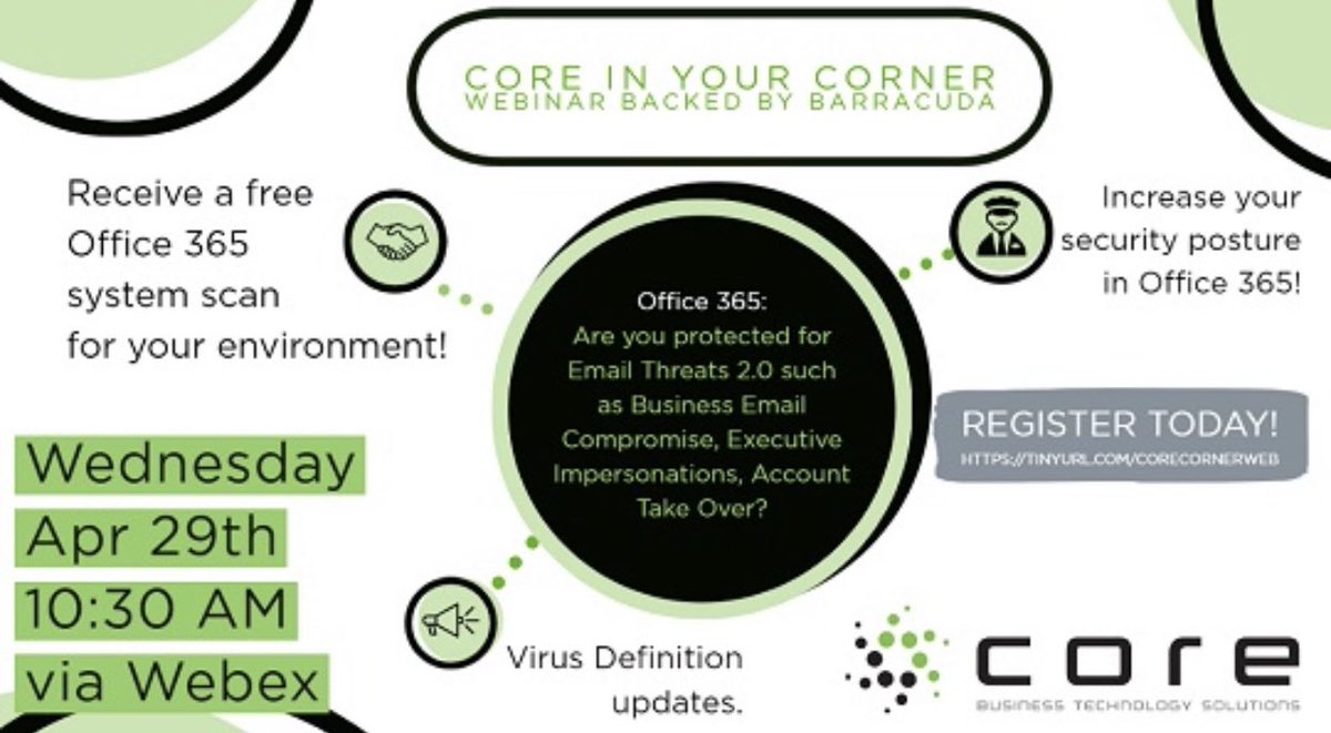 Kirill_CoreBTS's tweet photo. Join us for a #webinar with @barracuda as we discuss Email Threats 2.0 in the new #WorkFromHome environment that most of us are currently facing!

#CyberSecurity #InfoSec #CoreBTS #1Core #WorkFromHome #RemoteWork #Webex #CyberSecurityNews 
👇
👇
https://t.co/74boS9Gzhu https://t.co/fUhZi1KnoC