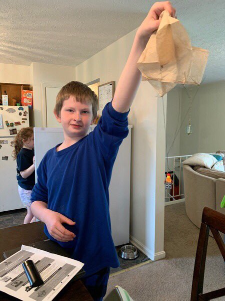 So excited! One of my Ss sent me this picture of his parachute activity. He had to watch a video and design the parachute out of items in his home. The smile says it all! <a href="/RamseyMS_JCPS/">Ramsey Middle School</a> <a href="/AcademyRamsey6/">Ramsey6Academy</a> <a href="/RamseyPrincipal/">Katie LaDuke</a>