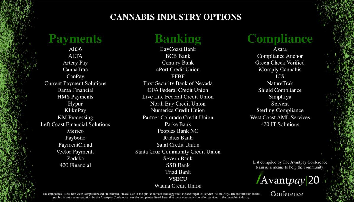 To help in these difficult times, our team put together a list of #payments, #banking, and #compliance companies servicing the #cannabis industry. Please feel free to tag others in a comment and we can update the list. Stay safe everyone!
#theavantpayconference #avantpay