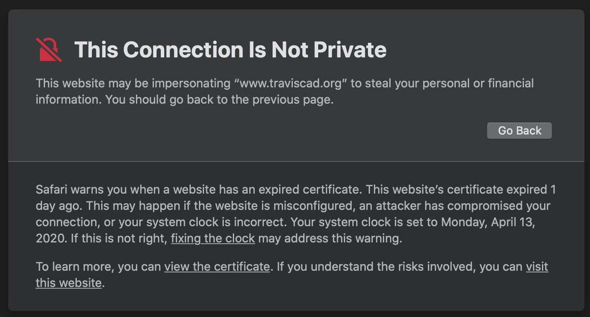 harrngtn's tweet photo. @TravisCentralAD Your SSL cert expired... now everyone gets a nasty error when going to your site... https://t.co/rtsmmZ6Z2P