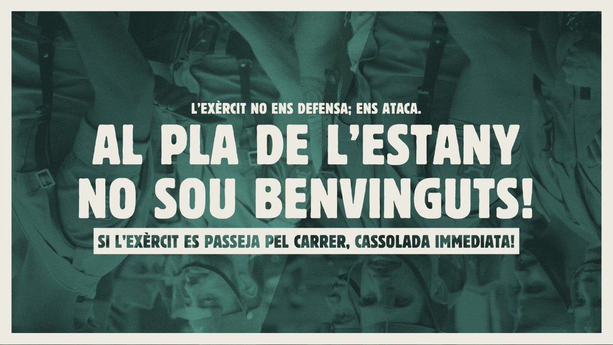 cupbanyoles's tweet photo. ❌ L'exèrcit no ens defensa; ens ataca. Ni al #Pladel'Estany ni als Països Catalans, no sou benvinguts!
🥁 Si l’exèrcit es passeja pels carrers dels nostres pobles, cassolada immediata!
#QueSenVagin https://t.co/kPVO6v6jFb