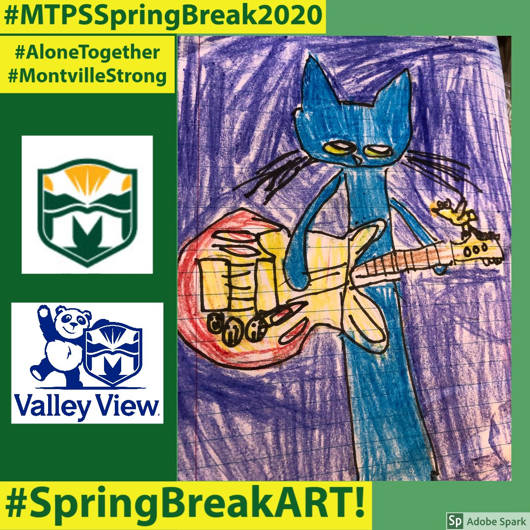 MontvilleTwpSch's tweet photo. ART! #ValleyView Kindergarten student Elly Liu from Kimberly DeMaria's class shared #MTPSSpringBreak2020 art. She drew book character, Pete the Cat! #SpringBreakART!
To share art send pics/stories: communications@montville.net
#AloneTogether #MontvilleStrong @PandaPrideRocks https://t.co/l2uiNe5Aja