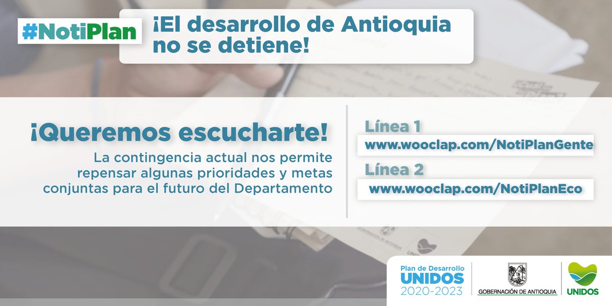 DapAntioquia's tweet photo. #NotiPlan | UNIDOS desde casa podemos aportar a la solución de retos y a la revisión de estrategias para enfrentar los impactos de la contingencia actual. Participa en https://t.co/LpCZBqrpT4 y https://t.co/txw584gUTE @ClauGarL @GobAntioquia https://t.co/tZzWYezMNT