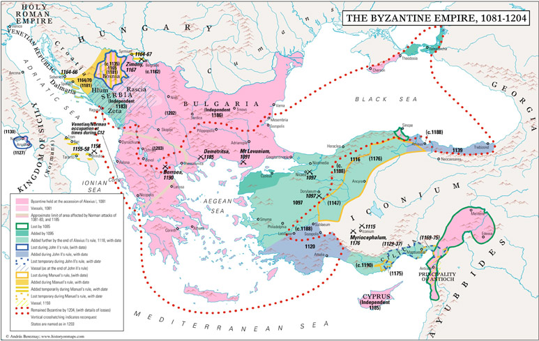 All those emperors did lasting damage to the empire’s capacity, but that could still be repaired eventually. Byzantium came out of the Arab wars stronger than at the end of Heraclius’ reign; the Comneni almost completely restored the empire to its pre-Manzikert levels.