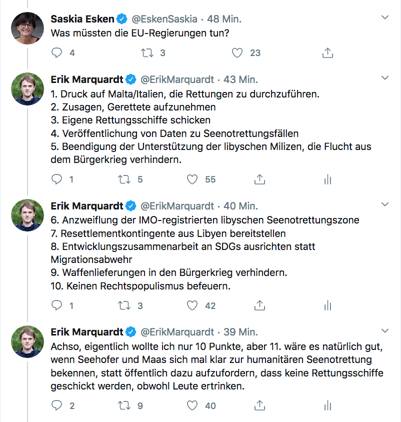 Die SPD-Vorsitzende <a href="/EskenSaskia/">Saskia Esken</a> hat gefragt, was die EU-Regierungen meiner Meinung nach für die Flüchtenden auf der zentralen Mittelmeerroute tun müssen.
#LeaveNoOneBehind