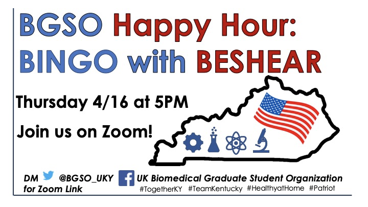 BGSO_UKY's tweet photo. We've got another Happy Hour coming up this week, but with a little activity included, Bingo with @GovAndyBeshear . Come hang out with fellow graduate students while getting the latest update on #COVID19 in Kentucky. https://t.co/GKSoT6semA